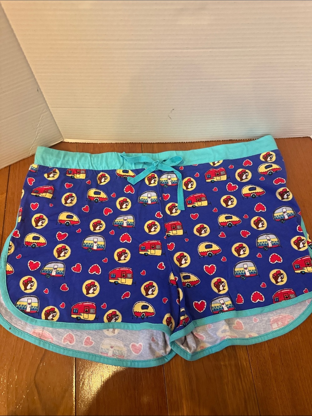 Women’s Buc-ee’s Blue Camper Print Lounge pajama Shorts w/ Teal Trim Sz XL
